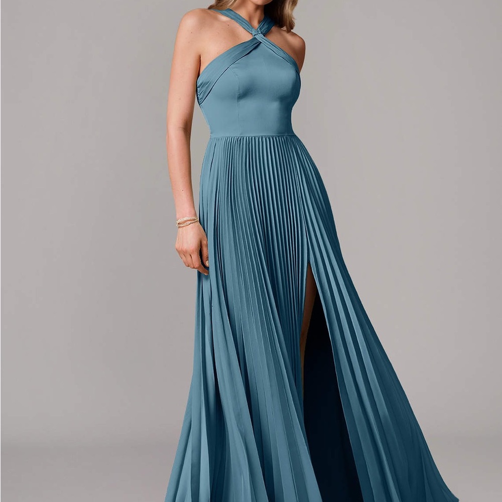 Azazie Teal Blue Pleated Maxi Dress with Halter Cross Straps